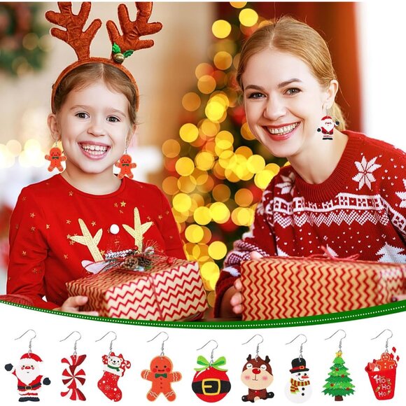9 Pairs Christmas Faux Leather Earrings for Women Xmas Santa Claus Christmas Tre - Picture 6 of 7